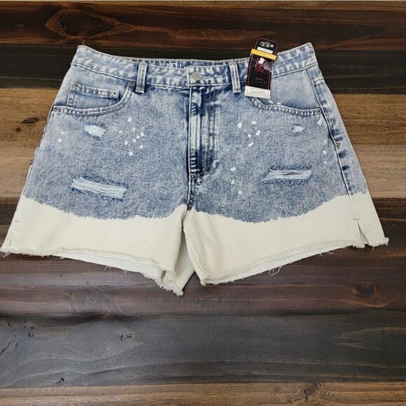 No Boundaries Double Color Denim Destructed Midi Jean Short High Rise Size 11 - Picture 1 of 9